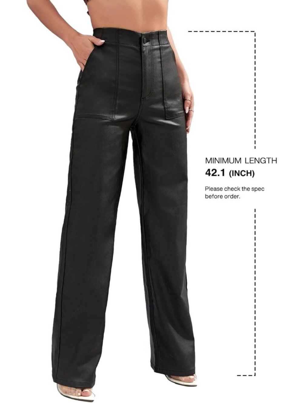 Faux Leather Pants High Waist Coated PU Button Straight Leather Black Leggings W - Picture 2 of 7